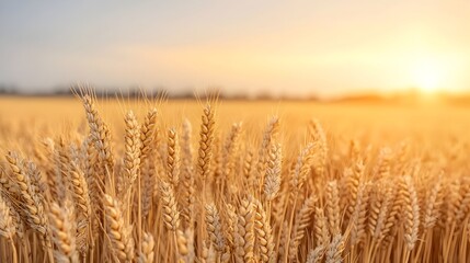 Stunning sunset over a golden wheat field swaying gently in the wind on a picturesque rural farm landscape  Serene and peaceful countryside scenery with a beautiful sky in the background