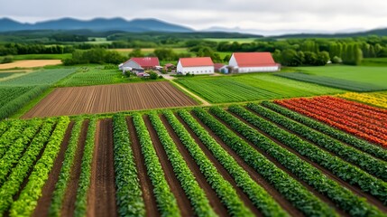 Poster - Aerial perspective showcasing a sprawling farm with vibrant fields of various crops agricultural buildings and a picturesque rural landscape in the distance  This expansive