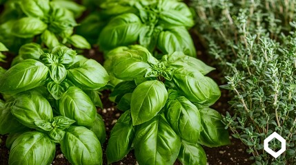 Lush organic herb farm with neatly arranged rows of flourishing basil rosemary and thyme plants showcasing a sustainable and natural agricultural setting perfect for culinary wellness