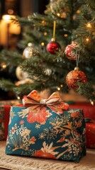 Festive wrapped gift beneath twinkling Christmas tree, adorned with colorful ornaments. Warm glow of lights creates cozy holiday atmosphere at home.