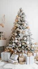 Wall Mural - elegantly decorated christmas tree with snow-flocked branches, adorned in white and gold ornaments, 