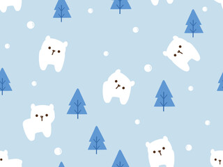 Poster - Christmas or New year seamless pattern with little bear cartoons, pine tree and snow on blue background.