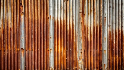 Aufkleber - A weathered corrugated metal surface with patches of rust and faded paint revealing the metal's natural texture