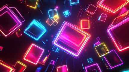 A vibrant array of glowing neon squares in shades of pink, blue, and purple, floating in a dark space filled with energy.