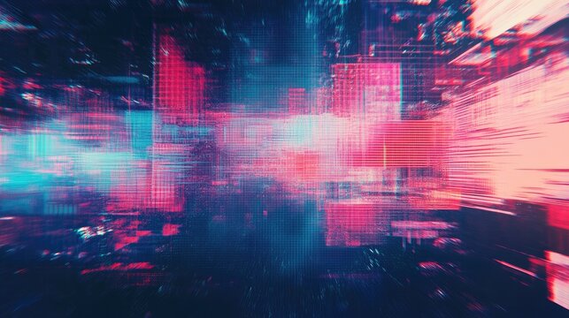 Abstract digital landscape in vibrant blue and pink hues, evoking a sense of technology and movement.
