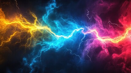 Wall Mural - dynamic abstract illustration of vibrant blue, yellow, and pink lightning bolts on a dark background