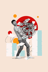 Aufkleber - Creative drawing collage picture of tired young man carry chaos paper work overloaded freak bizarre unusual fantasy billboard