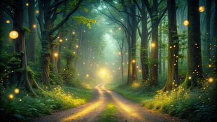 Poster - Enchanted Forest Path Lit by Fireflies, A Magical Journey into the Heart of Nature