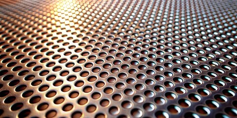 Poster - A metallic sheet with a repeating pattern of circular holes, illuminated by a warm light source, creating a textured and abstract background.