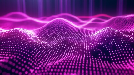 Poster - Abstract digital landscape with glowing purple dots creating a wave-like pattern and vibrant lighting effects