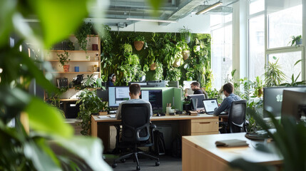 Wall Mural - Green technology startup office, with developers coding on computers powered by renewable energy and using sustainable materials in their designs