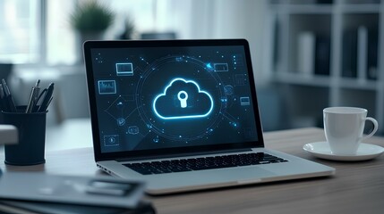 A laptop displays a cloud security graphic, emphasizing digital safety and technology in a modern workspace.