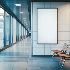 Canvas Print - A modern hallway with seating and a blank poster frame, ideal for advertisements or information displays.