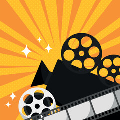 cinema movie background in pop art style. camera, film reel and film strip. movie film premiere temp