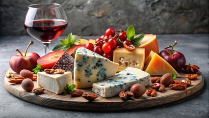 Poster - A Rustic Cheeseboard Featuring Blue Cheese, Cheddar, and Red Wine