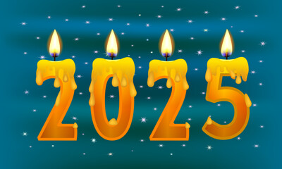 2025 a Happy New Year congrats. Burning candles on dark blue  background, Happy Christmas concept. Number 2025 in the form of burning candles. Symbolic festive glowing candles.