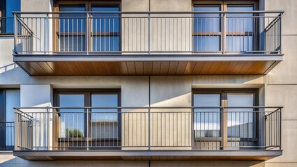 Poster - Two Modern Balconies with Metal Railings and Windows on a Light Beige Facade