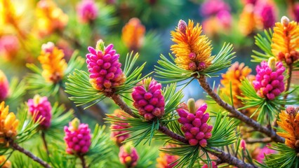 Poster - Vibrant Pink and Yellow Cones Blooming on a Pine Branch in the Sunlight