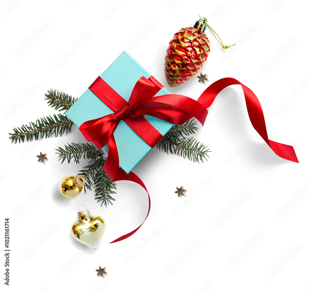 Christmas composition on a transparent background with a gift box, with red ribbon, fir branches, Christmas tree toys, real transparent neutral shadow. copy space for the design of your greetings