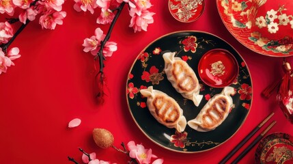 Dumplings (Jiaozi) for Chinese New Year, top view, festive plate