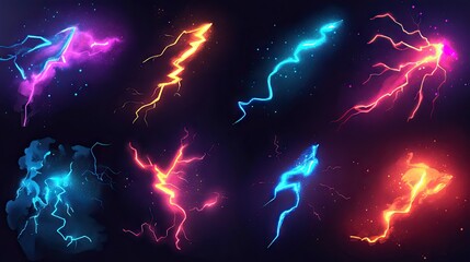 a vibrant array of lightning bolts in various colors, showcasing electric energy and dynamic movemen