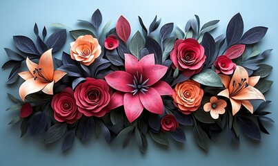 Leinwandbilder - A vibrant arrangement of colorful flowers and leaves, showcasing intricate details and a harmonious blend of nature's beauty.
