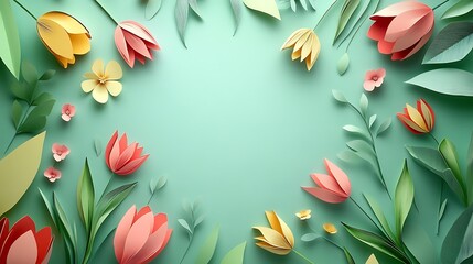 Leinwandbilder - Colorful paper flowers and leaves arranged gracefully on a soft green background, creating a vibrant and artistic floral design.