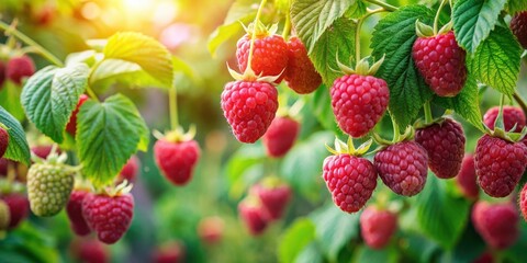 Poster - Sunlight Filtering Through Lush Green Leaves Illuminates a Cluster of Ripe Raspberries, Their Rich Red Hue Contrasting Beautifully With the Greenery