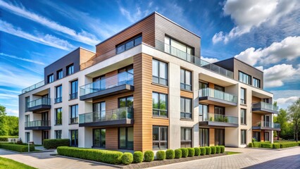Poster - Modern apartment complex with balconies and lush greenery on a sunny day