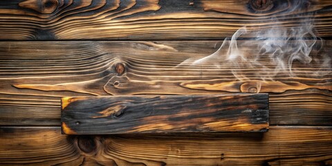 Poster - A charred wooden plank with smoke rising from its surface, sitting on a weathered wood background