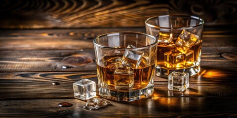 Aufkleber - Whiskey on the Rocks, Glowing in the Dim Light of a Rustic Wooden Table