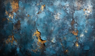 Aufkleber - A textured blue wall featuring cracks and gold accents, creating a rustic and artistic appearance.