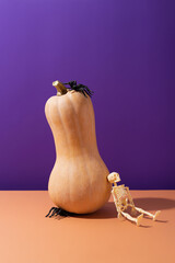 Halloween pumpkin with black spiders and plastic skeleton on purple and orange background. Creative Halloween concept