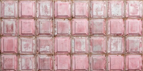 Poster - A weathered pink tile wall with a subtle pattern of raised squares and light brown grout lines
