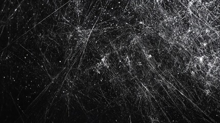 Abstract close-up of delicate spiderweb strands on a dark background, creating a web of intricate lines and patterns.
