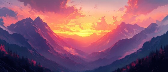 Vibrant sunset paints the sky over majestic mountain range, creating a breathtaking view.