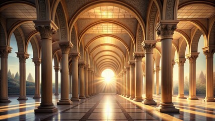Poster - Sunlight streams through a colonnaded archway, illuminating a grand palace hallway with a soft, ethereal glow.