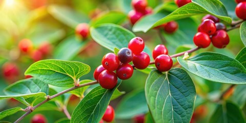 Poster - A close-up view of vibrant red berries clustered on a branch, nestled amidst lush green foliage, bathed in the warm glow of sunlight.