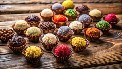 Poster - A Colorful Assortment of Gourmet Chocolate Truffles Decorated with Sprinkles and Confectionery on a Rustic Wooden Table