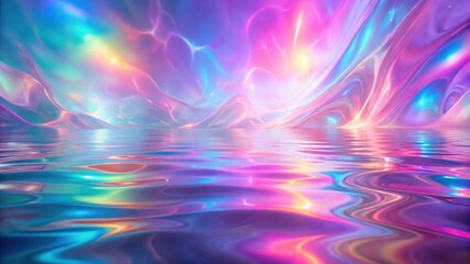 Poster - A surreal landscape with a shimmering iridescent sky reflected in a calm body of water