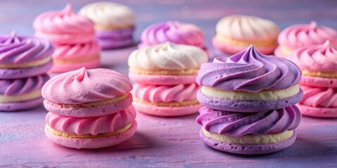 Poster - A Delightful Collection of Pastel-Colored Meringues, Delicately Stacked and Arranged on a Purple Surface, Evoking a Sense of Sweetness and Whimsy