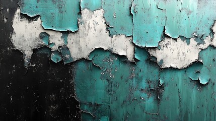 Aufkleber - A textured surface featuring peeling turquoise and white paint over a black background, showcasing layers and weathered details.