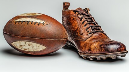 A vintage football and a worn leather boot on a neutral background.