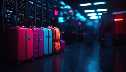 A travel locker room in a bustling bus station, suitcases and backpacks stored inside, with vibrant colors and dynamic lighting adding life to the scene