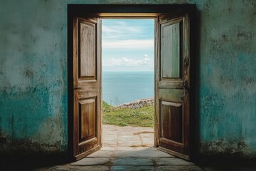 Poster - A coastal landscape visible through an open doorway, with a blue sky and ocean waves in the background