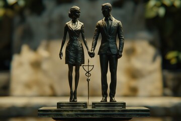 Wall Mural - A bronze statue of a man and woman holding hands, depicting a symbol of unity and love