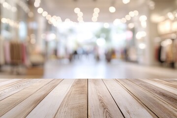 Poster - A wooden table in a retail setting with a blurred background