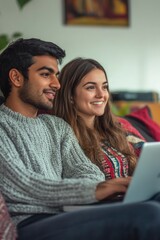 Aufkleber - A couple sitting together on a couch, focused on their laptop