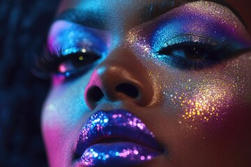 Poster - Close-up portrait of a woman with glitter makeup and sparkly accessories