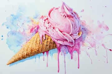 Poster - A colorful illustration of a pink ice cream cone with a scoop and sprinkles, perfect for promoting sweet treats or fun summer vibes